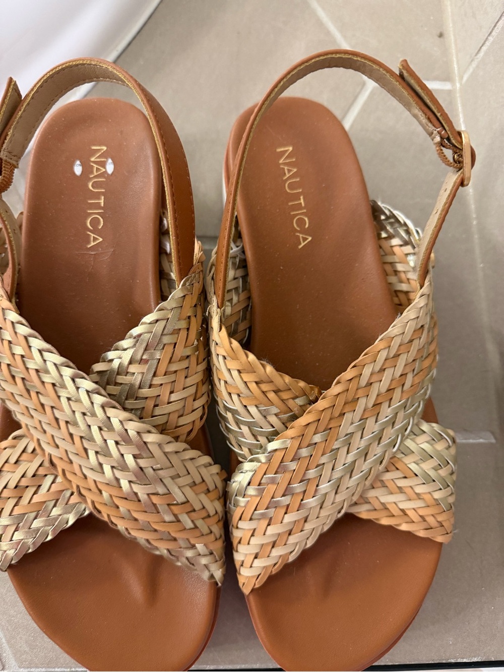 Nautica Women's Braided Tan and Metallic Slingback Sandals